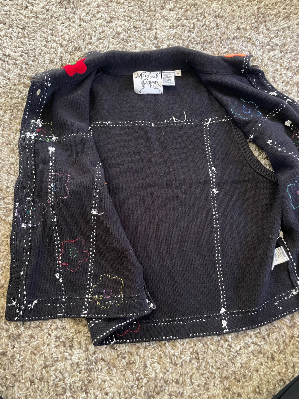 Vintage Michael Simon Black Vest with Multicolor Felt Flower Appliqué - Picture 6 of 8
